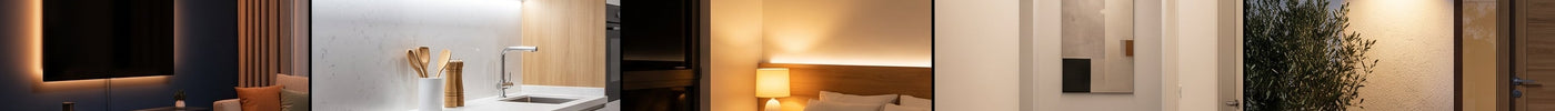 Guia de iluminação LED para casa — sala, cozinha, quarto, corredor e exterior com diferentes tipos de luz