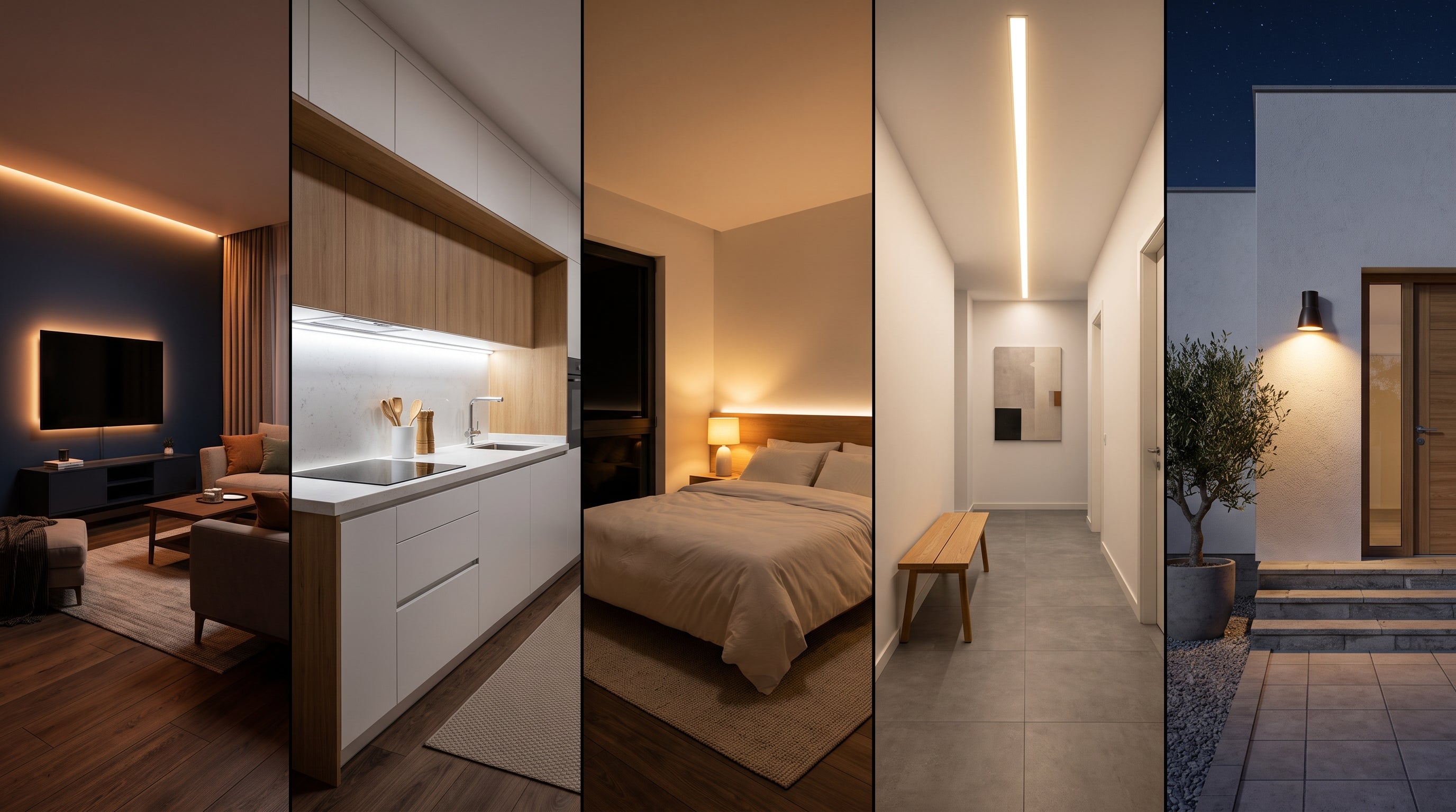 Guia de iluminação LED para casa — sala, cozinha, quarto, corredor e exterior com diferentes tipos de luz