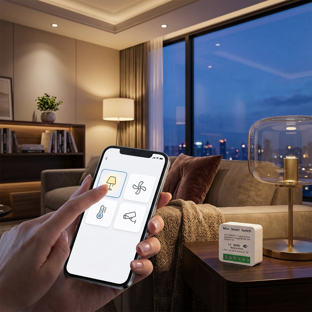 Sala de estar moderna com iluminação automatizada e app de controlo inteligente nos smartphones — casa inteligente DOMUTRA