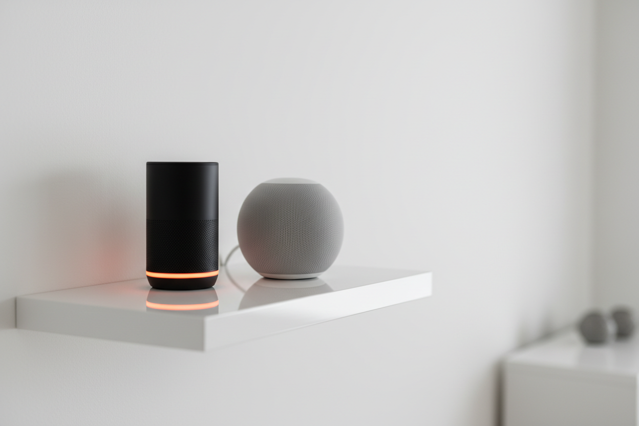 Dois assistentes de voz inteligentes lado a lado numa sala moderna — comparativo Alexa vs Google Home para casa inteligente