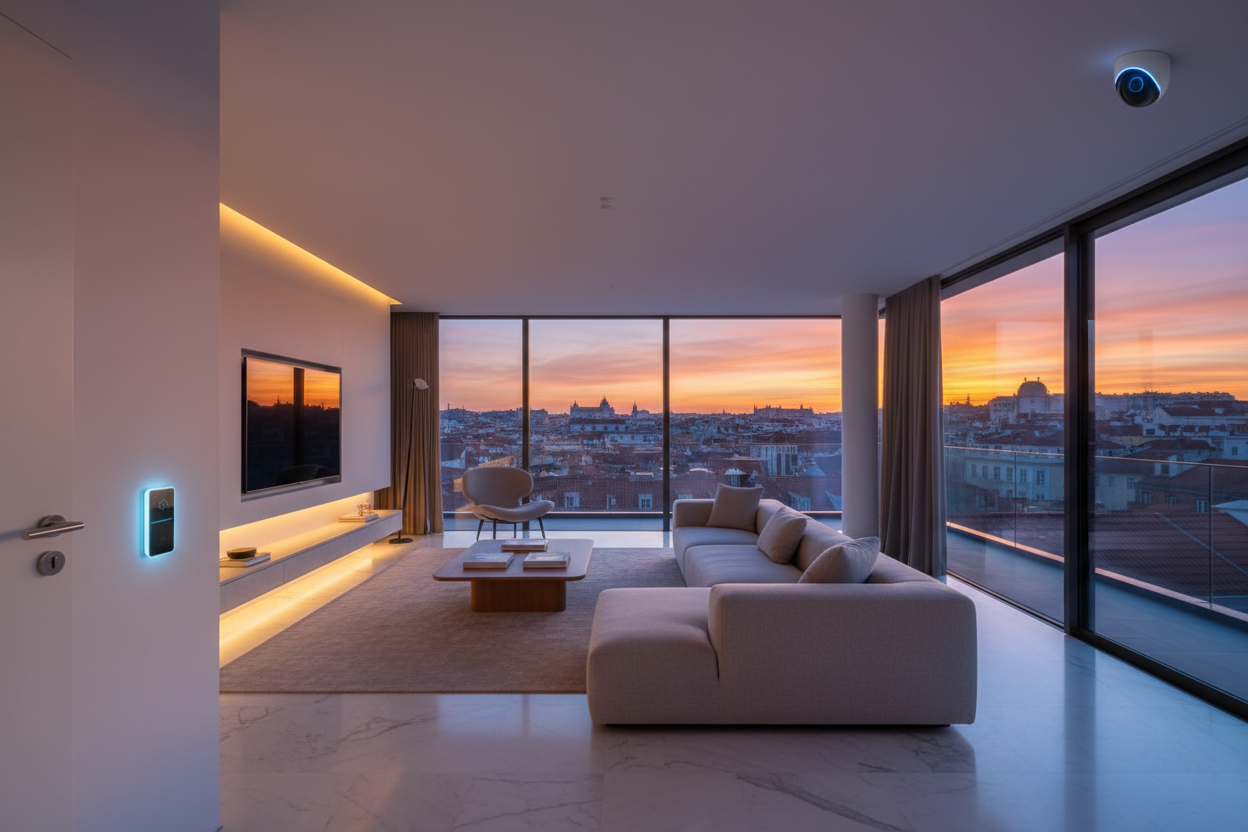 Sala de estar moderna com iluminação inteligente LED, interruptor Wi-Fi e câmara de segurança — casa inteligente em Portugal