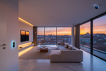 Sala de estar moderna com iluminação inteligente LED, interruptor Wi-Fi e câmara de segurança — casa inteligente em Portugal