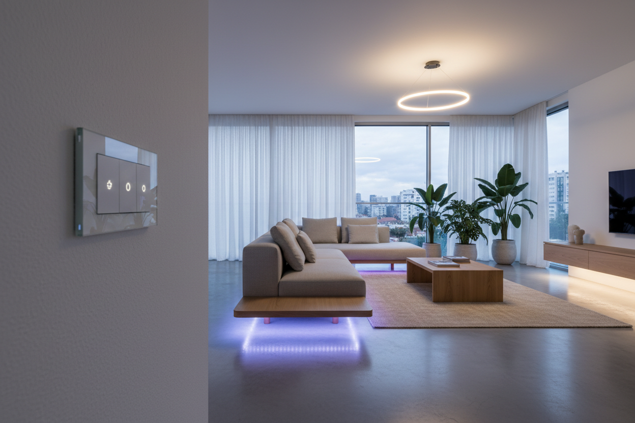 Sala de estar moderna com lâmpada inteligente Wi-Fi de luz quente — iluminação inteligente para casa