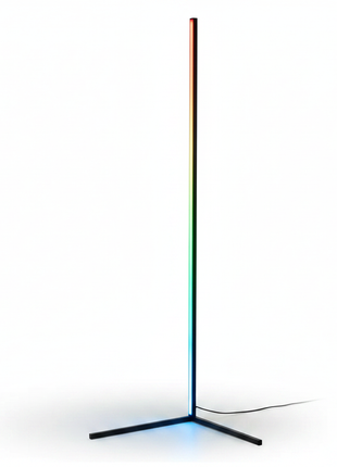Luminária LED vertical RGB com base triangular preta e cabo, luz multicolor contínua