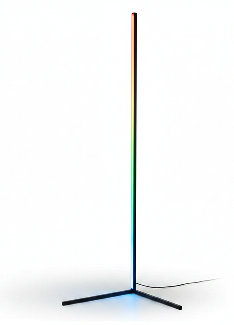 Luminária LED vertical RGB com base triangular preta e cabo, luz multicolor contínua