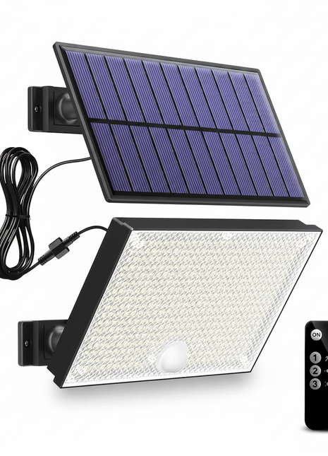 Foco solar LED com painel e comando preto, 400 LEDs, IP65