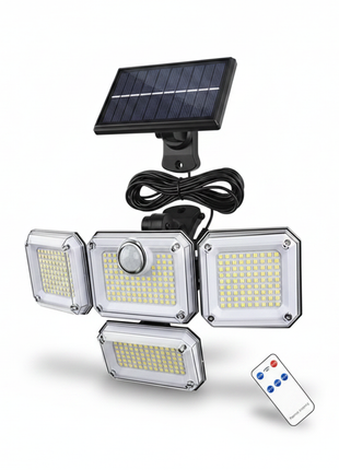 Kit de luz LED solar exterior com painel solar, 4 focos e controlo remoto