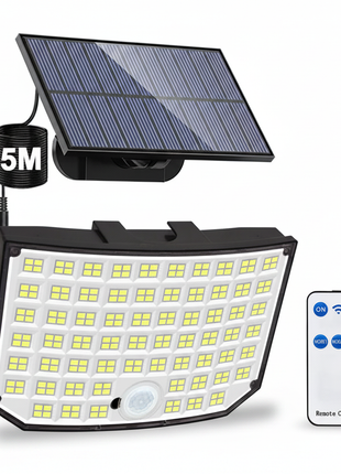 Foco solar com painel, LEDs e comando remoto; cabo 5 m