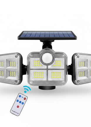 Conjunto LED solar exterior com 4 focos metálicos, painel e controlo remoto
