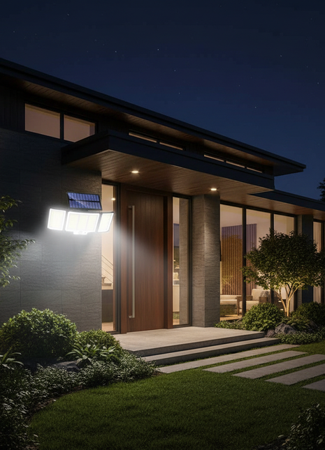 Luz solar exterior de 3 cabeças IP65 iluminando a fachada e varanda à noite