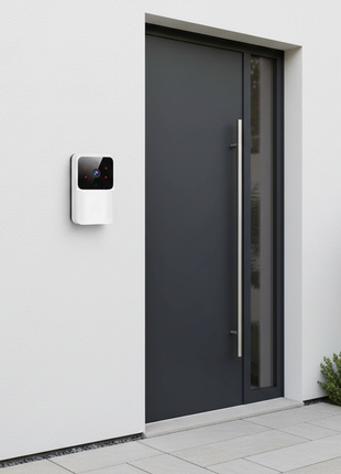 Campainha de vídeo Wi‑Fi branca na parede junto à porta