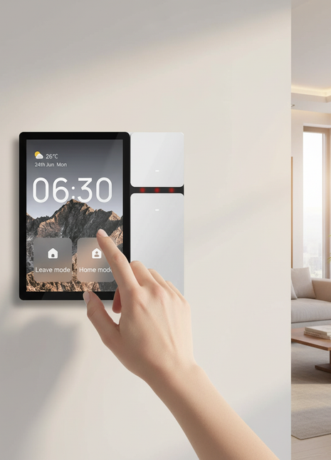 Painel smart com ecrã tátil preto, visor 06:30 e botões de modo