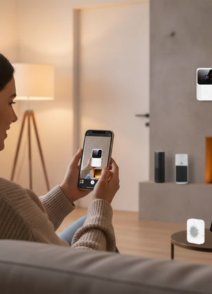 Campainha de vídeo Wi‑Fi branca na parede, com visualização no telemóvel