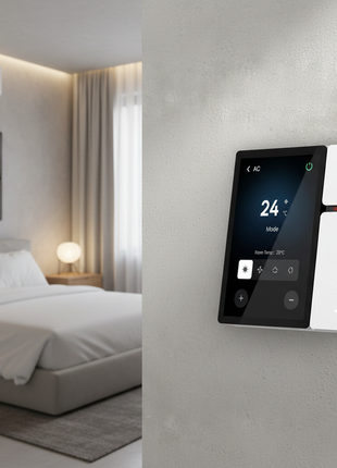 Painel smart com ecrã tátil preto, visor 24°C e botões na parte lateral
