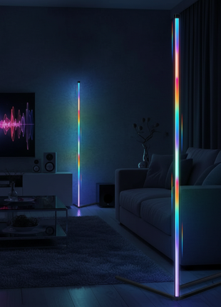 Luminária LED vertical RGB de pé no chão, base triangular preta e luz colorida
