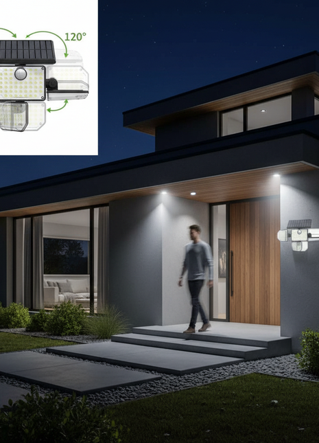 Conjunto de luzes LED solares de exterior com 4 focos montados na parede