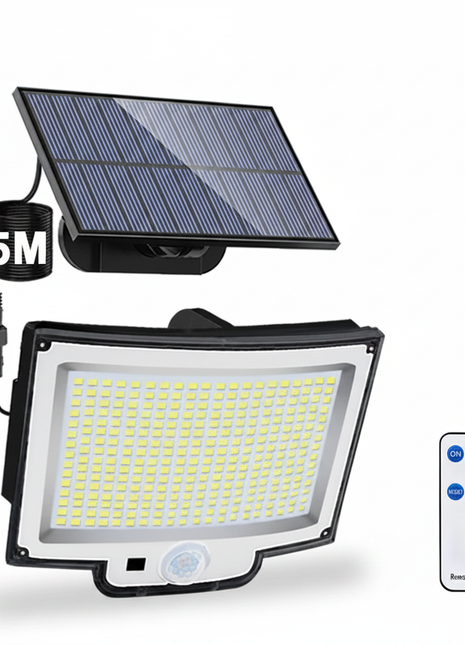 Luz solar exterior de 3 cabeças IP65 com painel solar, LEDs e controlo remoto