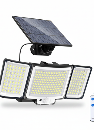 Luz solar exterior de 3 cabeças IP65 com suporte de parede, painel solar e LEDs