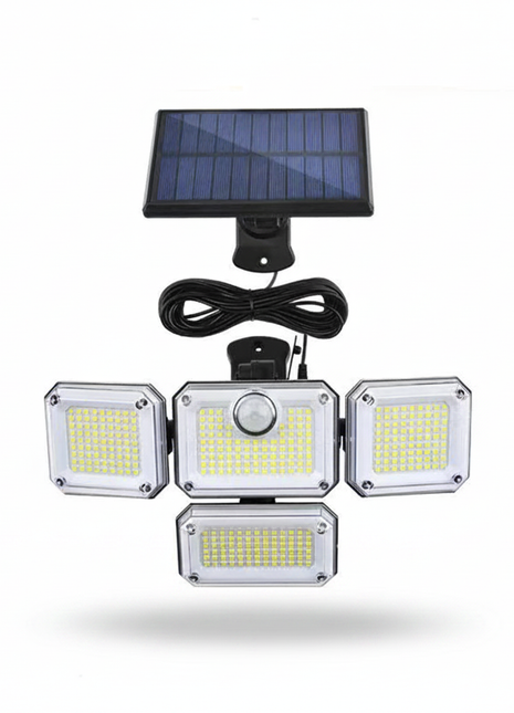 Kit de luz LED solar exterior com painel solar, 4 focos e controlo remoto