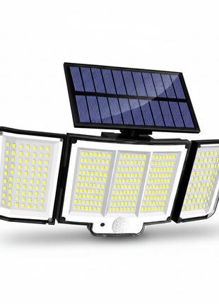 Luz solar exterior de 3 cabeças IP65 com três módulos LED e painel solar