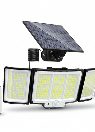 Luz solar exterior de 3 cabeças IP65 com painel solar, LEDs e controlo remoto