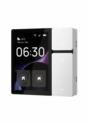 Painel smart com ecrã tátil, ecrã 06:30 e módulo lateral branco