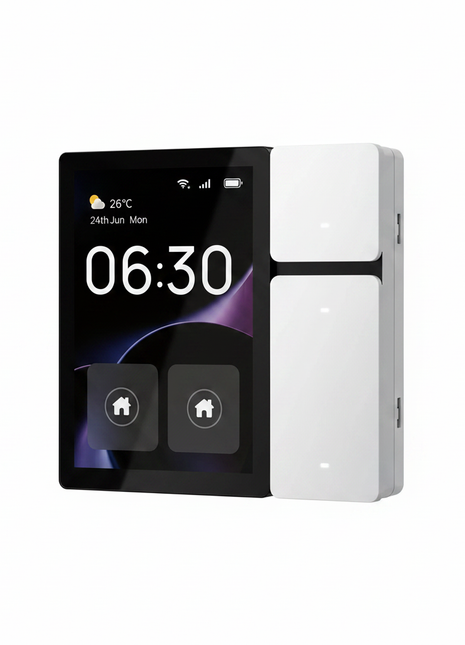 Painel smart com ecrã tátil, ecrã 06:30 e módulo lateral branco