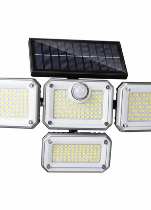 Conjunto de luzes LED solares exteriores com painel superior e 4 focos com sensor