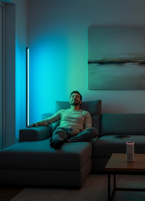 Luminária LED vertical RGB com base triangular preta e iluminação azul-esverdeada