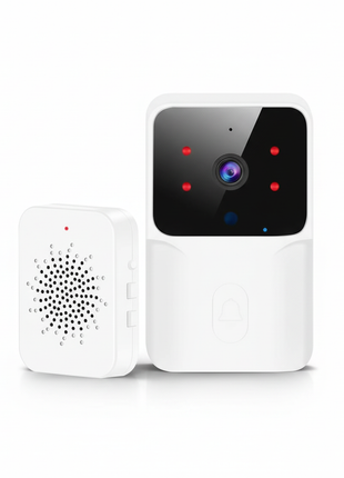 Campainha de vídeo Wi‑Fi branca com câmara e LEDs vermelhos e azuis
