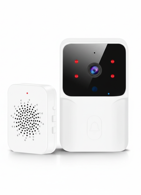 Campainha de vídeo Wi‑Fi branca com câmara e LEDs vermelhos e azuis