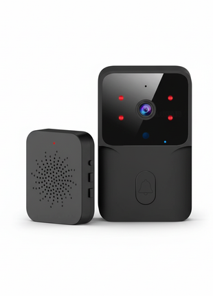 Campainha de vídeo Wi‑Fi preta com câmara e LEDs vermelhos