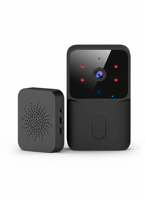 Campainha de vídeo Wi‑Fi preta com câmara e LEDs vermelhos