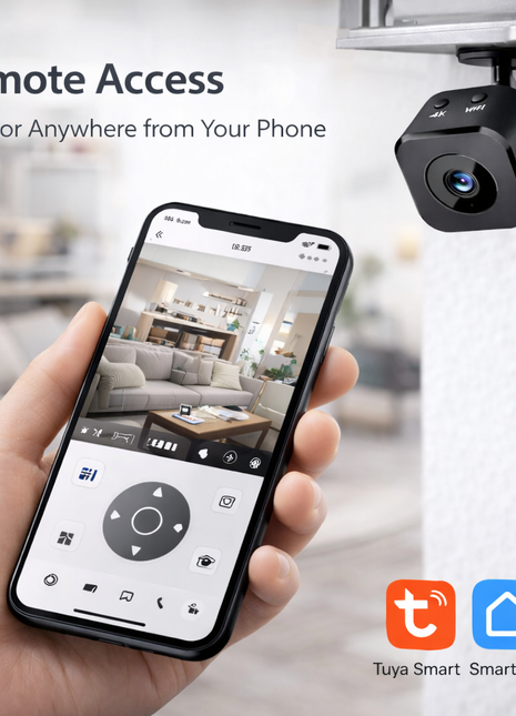 Mini câmara Wi‑Fi 4K preta no teto e smartphone para controlo