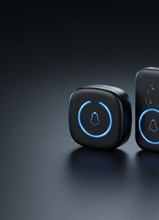 Campainhas sem fios pretas com ícone de sino e anel azul iluminado.