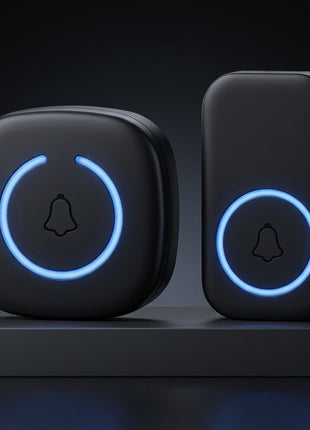 Campainhas sem fios pretas com ícone de sino e anel azul iluminado.