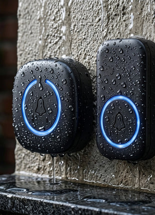 Campainhas sem fios pretas com anel azul, com gotas de água no exterior.
