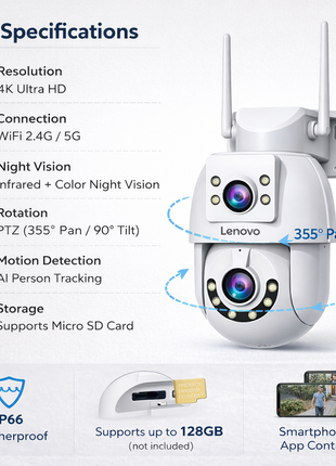 Câmara Wi‑Fi PTZ branca com microSD e classificação IP66