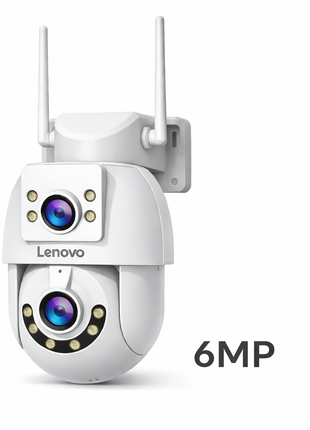 Câmara Wi‑Fi PTZ branca com duas lentes e indicação 6MP