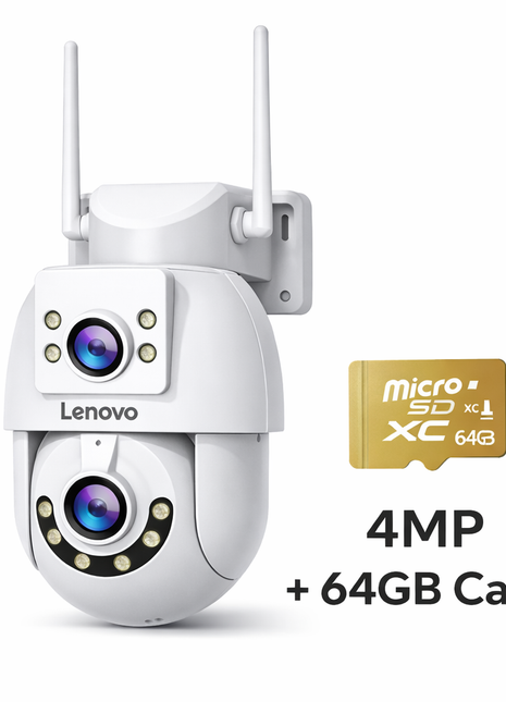Câmara Wi‑Fi PTZ branca com duas lentes, cartão microSD 64GB e indicação 4MP