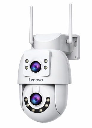 Câmara Wi‑Fi PTZ branca com duas lentes, antenas e marca Lenovo
