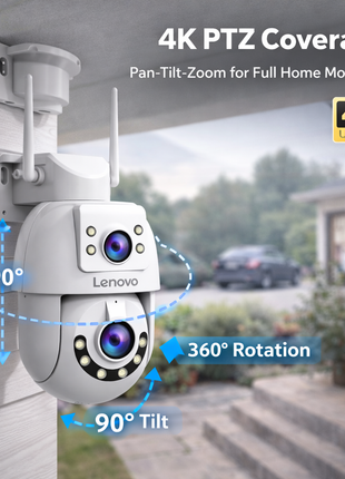 Câmara Wi‑Fi PTZ branca com cobertura 4K e rotação 360°
