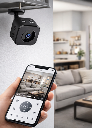 Mini câmara Wi‑Fi 4K preta no teto com smartphone na mão