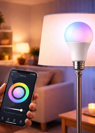 Lâmpada inteligente Wi‑Fi E27 multicolor com telemóvel a controlar a cor