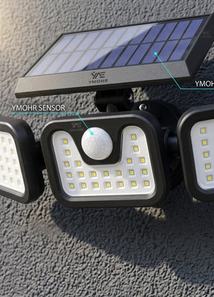 Holofote LED solar com sensor PIR e painel solar, três módulos de luz abatíveis