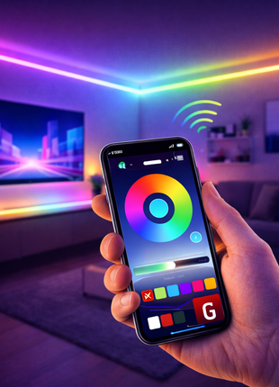 Fita LED RGB a iluminar ambiente, com smartphone a controlar as luzes