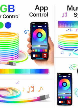 Fita LED neon RGB com controlo por app, efeitos de música e comando