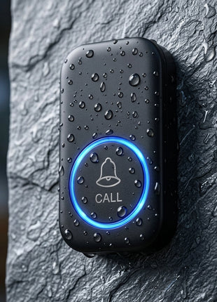 Campainha sem fios Wi‑Fi preta com botão CALL e luz azul, com gotas de água