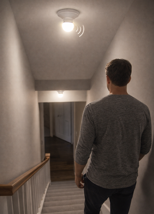 Lâmpada LED no teto acesa com sensor PIR, luz branca e indicação de movimento