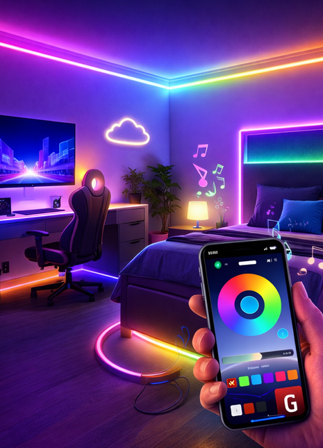 Fita LED RGB com comando remoto, em canto, e controlo no telemóvel